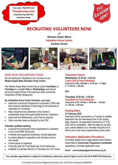 RECRUITING VOLUNTEERS NOW at Weston-Super-Mare Salvation Army Centre Carlton Street